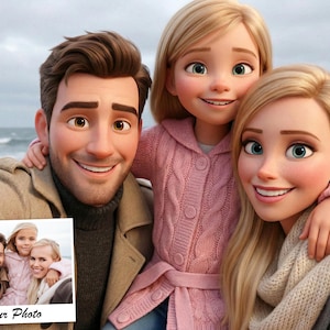 Può includere: Ritratto di famiglia renderizzato digitalmente di un padre, una madre e una figlia che sorridono alla fotocamera. La figlia indossa un maglione rosa a trecce. La madre ha i capelli biondi e una sciarpa color crema. Il padre indossa un cappotto color cammello e un maglione grigio scuro. Una foto più piccola è nell'angolo con il testo "Your Photo".