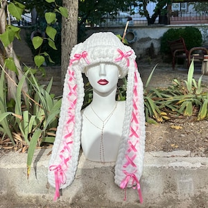 Coquette Bunny Beanie with Ribbon Bow - Handmade Winter Hat