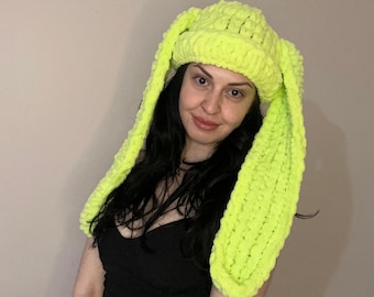 Gorro de coelho de malha feito à mão com orelhas de animal e chapéu de inverno