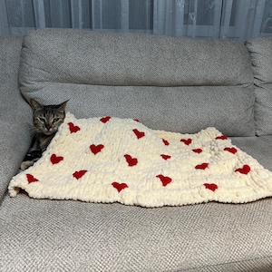 Puede incluir: Un gato atigrado está acurrucado en un sofá gris debajo de una manta blanca de punto con corazones rojos.