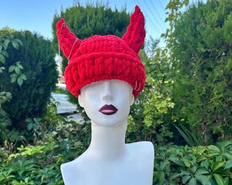 Handmade Crocheted Hat With Horns Devil Horned Earflap Hat Crochet Pattern (adult size) – My  main image 2
