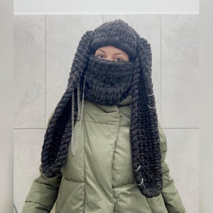 Handmade Bunny Balaclava: Knitted Rabbit Ears Beanie with Chain