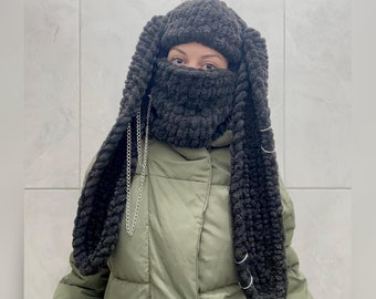 Handmade Bunny Balaclava: Knitted Rabbit Ears Beanie with Chain