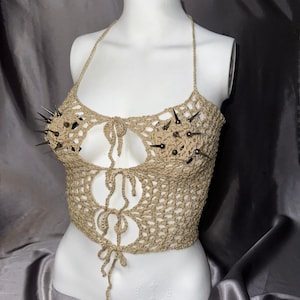 Goth Crochet Crop Top, Grunge Top, Studded Rave Festival Outfits