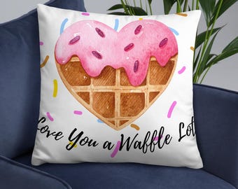 Love You a Waffle Lot Home Decor Pillow: Pink Heart Shape Waffle Design Decoration, Kids & Nursery Room, Sweet Treats, Bakery Cushion Decor