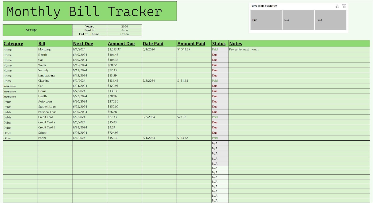 Monthly Bill Tracker Excel Template - Automated Payment Calendar ...