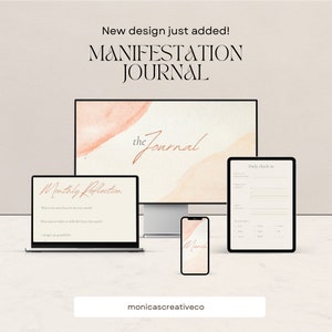 May include: A digital illustration of a manifestation journal with a watercolour background. The journal is shown on a desktop computer, tablet, and phone. The text on the journal says "the Journal".