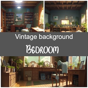 Pode incluir: Uma cena de quarto vintage com móveis de madeira, estantes e uma secretária. O quarto é decorado com plantas, obras de arte e uma janela com luz natural. O texto na imagem diz "Vintage background" e "BEDROOM".