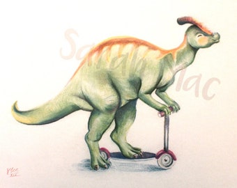 Riding Dino - dinosaure sur scooter ORIGINAL dessin au pastel sec bébé douche enfants décoration chambre d’enfant