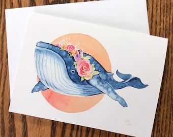 Flora Blue - Blue whale blank greeting card for friend or family birthday Marine life