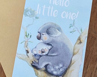 Bonjour tout-petit ! - Koala et Joey peignant une carte de voeux vierge pour un nouveau-né, fille, garçon, originaire d'Australie