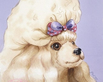 Peinture originale de chien caniche à l’aquarelle. Rétro feel chien d’exposition des années 1950 avec bouffant.