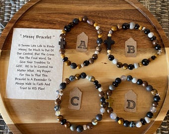 The Messy Bracelet*Neutral Earth Tone*Hand Beaded*Life&#39;s Kinda Messy*Religious*Reminder*God&#39;s in Control*Pray*Inspirational*Stretch Bracelet