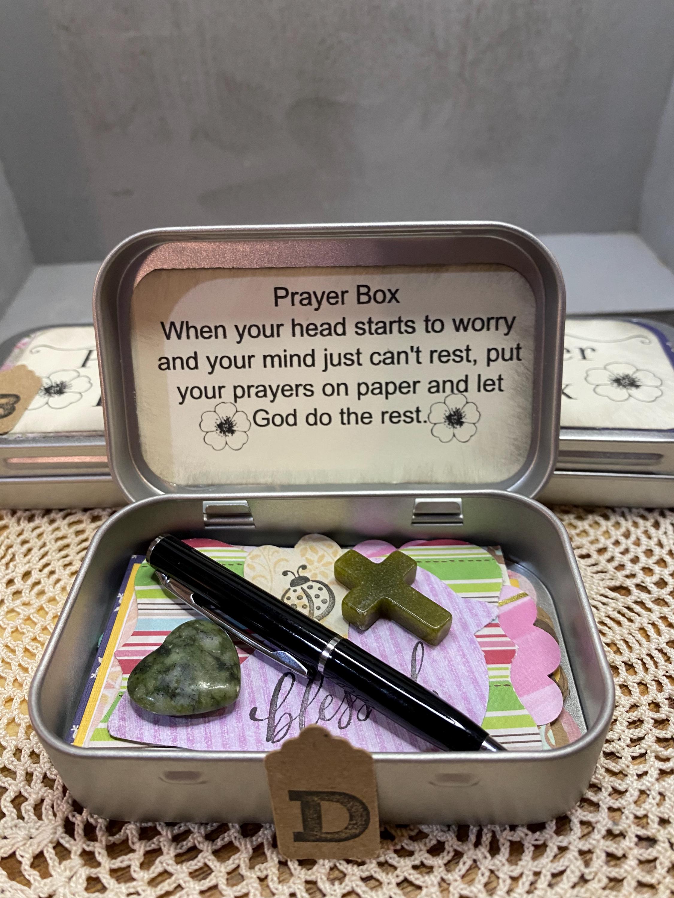 Prayer Box Sticker Design Prayer Box Tin W/stone Pocket Cross, Stone Heart, Pen & Plenty of ...