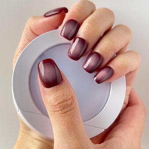 May include: Close-up of a hand with burgundy ombre nail polish. The nails are short and square shaped.