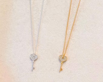 Sterling Silver Tiny Key Necklace, Dainty Heart Pendant, Romantic Gift