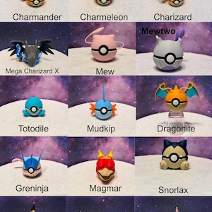 May include: A collection of twelve Pokémon figures, each in a unique pose. The figures include Charmander, Charmeleon, Charizard, Mega Charizard X, Mew, Mewtwo, Totodile, Mudkip, Dragonite, Greninja, Magmar, Snorlax, Mimikyu, Vulpix, and Slowpoke. Each figure is brightly colored and detailed.