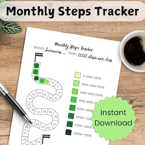 May include: A printable monthly steps tracker with a green and black color scheme. The tracker is designed as a game board with a path to follow. The goal is to reach 10,000 steps per day. The tracker includes a color-coded key to track steps.