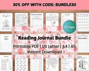 May include: A reading journal bundle with 28 pages, available as a printable PDF in US Letter, A4, and A5 sizes. The design includes floral accents and various templates for tracking reading progress. The text "Reading Journal Bundle" is displayed prominently.