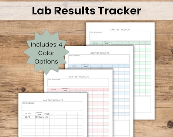 May include: Four printable lab result trackers with different colored backgrounds. The trackers include sections for test schedule, lab test, reference range, and results. The text "Lab Test Results" is at the top of each tracker.