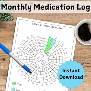 May include: A printable monthly medication log with a circular chart for tracking daily medication intake. The chart is divided into 31 sections, with each section representing a day of the month. The chart is labeled with numbers 1 through 31, and the days of the week are listed around the outside of the chart. The chart is also labeled with the names of different medications, including "Multivitamin", "Vitamin B", "Metformin", "Narvas", "Lipitor", and "Paxil". The chart is color-coded to indicate whether or not the medication was taken on a particular day. Green indicates that the medication was taken, and blue indicates that it was not taken. The chart also includes a key at the bottom that explains the color coding. The chart is designed to help people track their medication intake and ensure that they are taking their medications as prescribed.