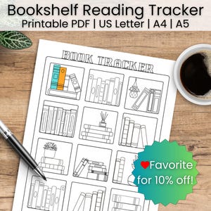 Può includere: Una pagina stampabile per il monitoraggio della lettura con scaffali e una griglia di contorni di libri da colorare. La pagina include il testo BOOK TRACKER in alto. Uno scaffale mostra due libri colorati in turchese e arancione.