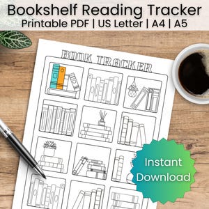 May include: A printable bookshelf reading tracker with a grid of 12 bookcases. Each bookcase has a different design, including plants, candles, and other decorative elements. The text "BOOK TRACKER" is at the top of the page. The text "Instant Download" is in a green circle at the bottom right of the page.