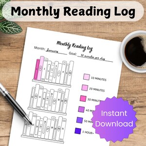 May include: A white paper monthly reading log featuring a bookshelf illustration with thirty-one numbered book spines. The log includes a colour-coded key for reading time, with text reading Monthly Reading Log, January, 30 minutes per day, and Instant Download.