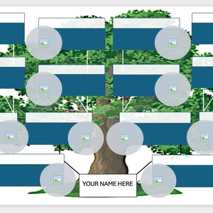 May include: A blue and white family tree template with space for photos and names. The tree is surrounded by green leaves and the text "YOUR NAME HERE" is at the bottom.