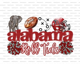 Può includere: Un design grafico con la parola "Alabama" in rosso, e "Roll Tide" sotto. Include un elefante, un pallone da football americano, un diagramma di gioco e un casco da football rosso. Pomponi su entrambi i lati.