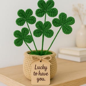 Crochet Four Leaf Clover Bouquet: Handmade Lucky Gift with Custom Tag