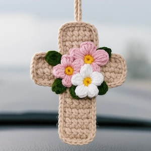 Crochet Cross Car Charm with Flowers – Christian Rearview Mirror Hanging, Boho Faith Ornament, Religious Gift for Drivers