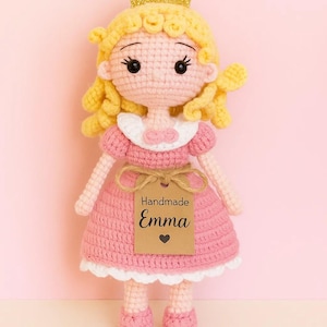 Handmade Crochet Princess Doll – Soft Yarn Toy with Tiara and Pink Dress, Fairy Tale Gift for Kids or Fantasy Room Decor