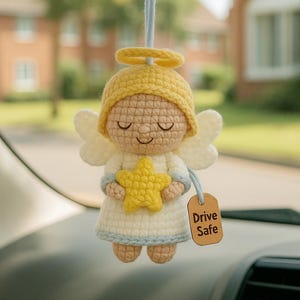 Crochet Angel Car Charm with Heart – Guardian Angel Rearview Mirror Hanger, Religious Car Decor, Drive Safe Gift