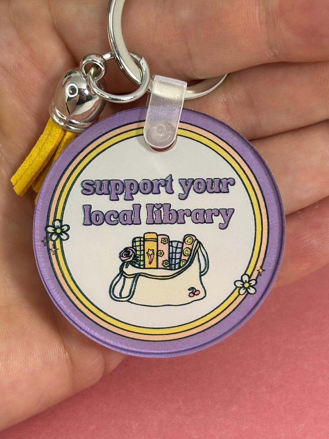Support Your Local Library Bookish Round Acrylic Keychain With Tassel ...