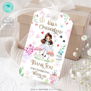 EDITABLE Alice au pays des merveilles 1er anniversaire étiquette de cadeau Alice à Onederland Merci étiquettes fille 1er anniversaire cadeau étiquette de thé Mad Tea for Two