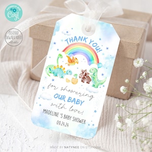 Étiquette modifiable de faveur de baby shower de dinosaure. Etiquettes à imprimer pour bébé garçon, fête des dinosaures. C'est une étiquette cadeau de remerciement pour garçon. Étiquette de fête de naissance. Modèle