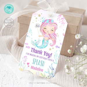 EDITIERBARE Kleine Meerjungfrau Favor Tag Mädchen ersten Geburtstag Geschenk Etikett druckbare magische Dankeschön Tags Meerjungfrau Geburtstagsparty Sofort Download.