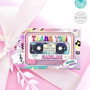 DISCO PARTY Geburtstags-Geschenkanhänger. Bearbeitbare Mädchen Geburtstag Retro Dance Party Danke Tags. Druckbares Mixtape 80er Jahre Party Geschenk Etiketten Vorlage