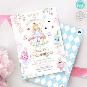 EDITABLE Alice in Wonderland 1st Birthday Party Invitations. Floral Printable Onderland Girl Party Invitation Mad Hatter Tea Party invite A1