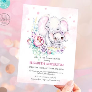 Printable Girl Elephant Baby Shower Invitation, EDITABLE Sweet Little Peanut Party, Pink Balloon Floral Elephant Girl Baby Shower Invite
