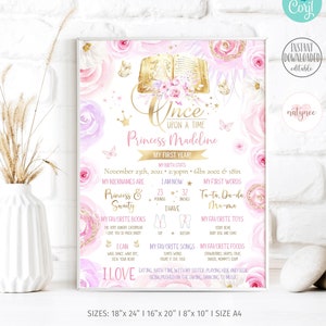 Placa de aniversário para impressão da Princess Milestone Board. Era uma vez. Pôster do marco do primeiro aniversário da menina. Flores roxas rosa. Livro de Ouro