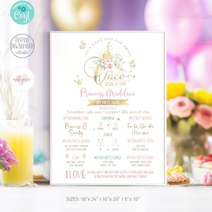 Tableau imprimable princesse jalon 1er anniversaire signe Once Upon a Time premier anniversaire fille jalon affiche imprimable floral rose or château
