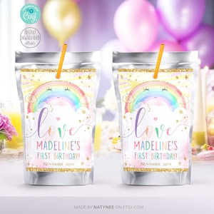 Pastell Regenbogen 1st Birthday Party Favor Capri Sun Wrapper. Bearbeitbare Regenbogen und Sonne Geburtstagskind Vorlage Capri Sun Label. R1