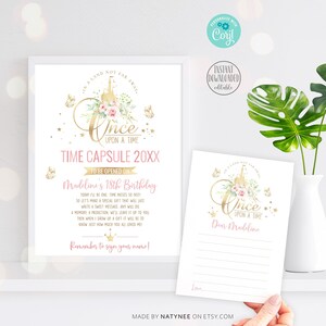 Editável primeiro aniversário da princesa Time Capsule. Era uma vez decorações de aniversário para festa real. Cartões de sinalização para impressão. Download instantâneo do Corjl