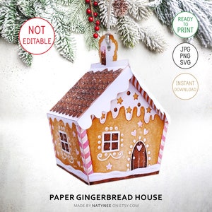 Casa di pan di zenzero di carta natalizia. Scatola regalo di case di Natale stampabili. Scatola di pan di zenzero di carta. Decorazioni natalizie per bambini Cricut PNG