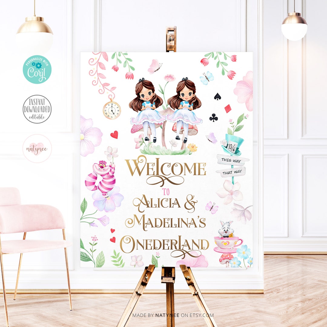 Alice in Wonderland Twins Birthday Sign Editable Onederland