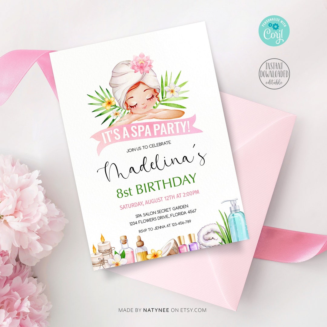 Editable SPA Party Girl Birthday Invitation Tropical Floral Printable ...