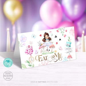 Etichette alimentari modificabili di Alice nel Paese delle Meraviglie Cappellaio Matto Tea Party Compleanno Carte Alimentari Carta Tenda Scoop Modello Etichetta Buffet Ragazza Capelli Scuri
