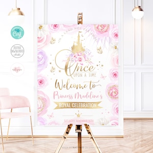 Sinal de boas-vindas EDITÁVEL Festa de primeiro aniversário da princesa. Era uma vez uma placa de porta. Cartaz de boas-vindas da primeira aniversariante. Castelo floral rosa pastel